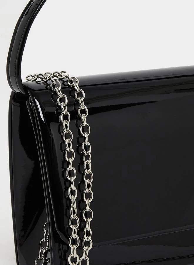 Styli Women Black Patent Clutch Bag with Chain Strap